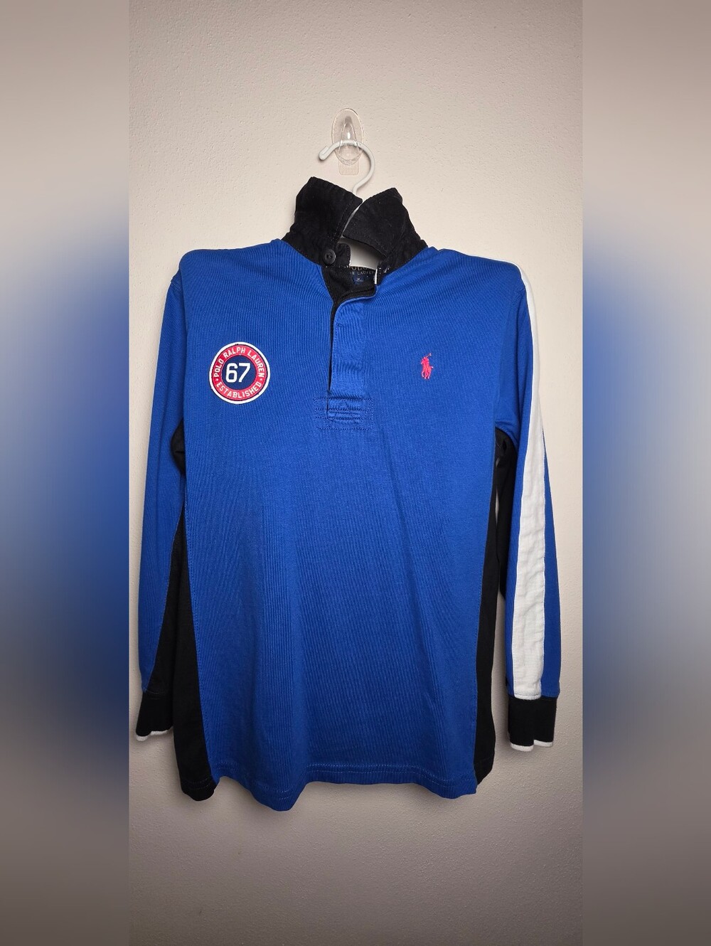 Polo by Ralph Lauren Blue Rugby Shirt with Red Logo and White Sleeve Stripe
